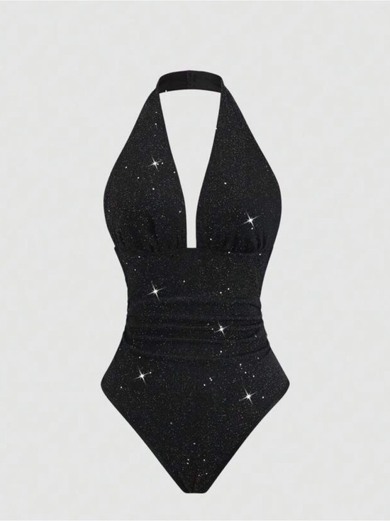 Tops - Black Sparkle Halter One-Piece Bodysuit